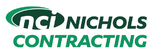 A green and white logo for nick 's contracting.