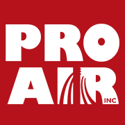 A red and white logo of pro air inc.